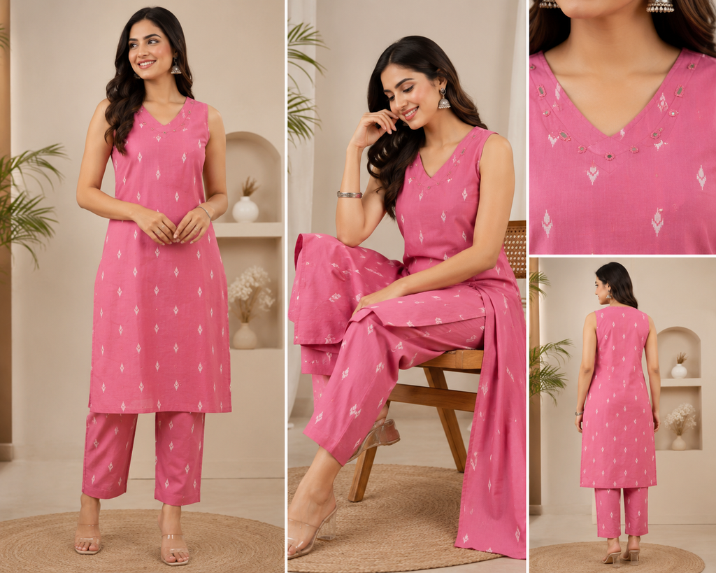 Premium Pure Cotton Kurti Adorned With Elegant Ikat Print Motifs All Over