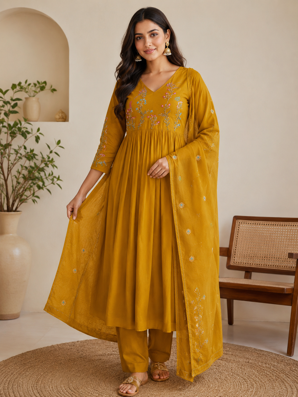 Cotton Kurti With Exquisite Multi-Color Floral Hand Embroidery On The Bodice and Sleeves