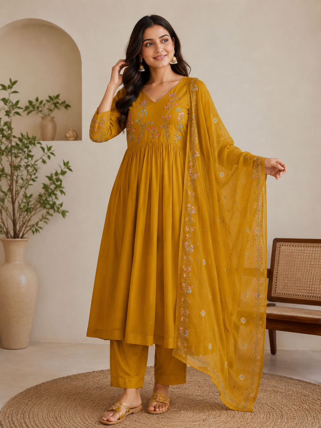 Cotton Kurti With Exquisite Multi-Color Floral Hand Embroidery On The Bodice and Sleeves