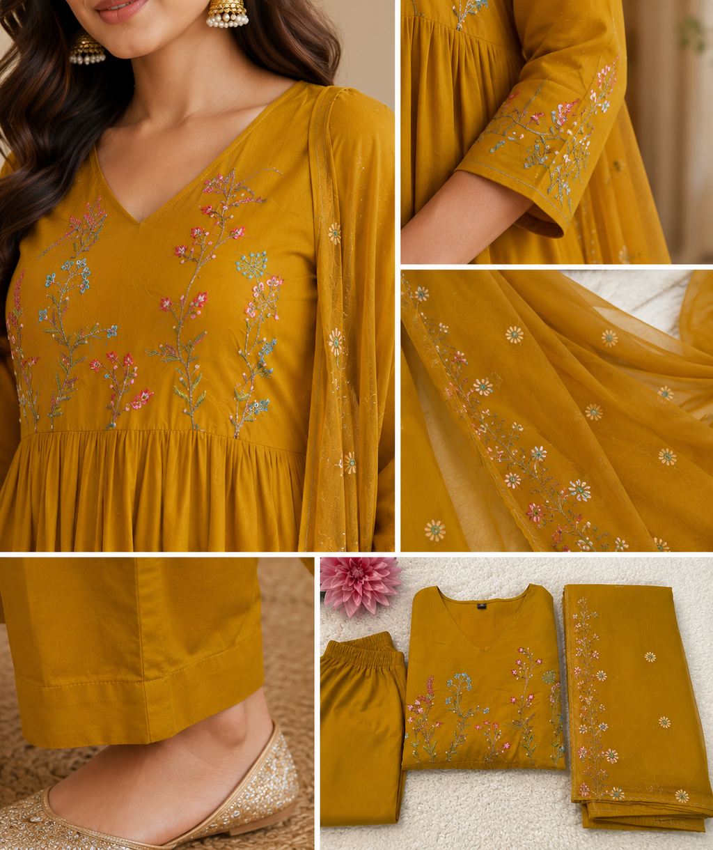 Cotton Kurti With Exquisite Multi-Color Floral Hand Embroidery On The Bodice and Sleeves