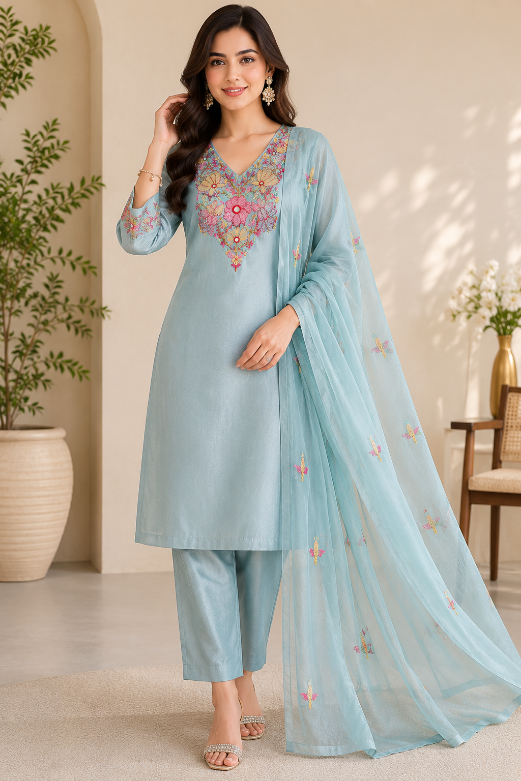 Premium Chanderi Silk Three Piece Dress Set