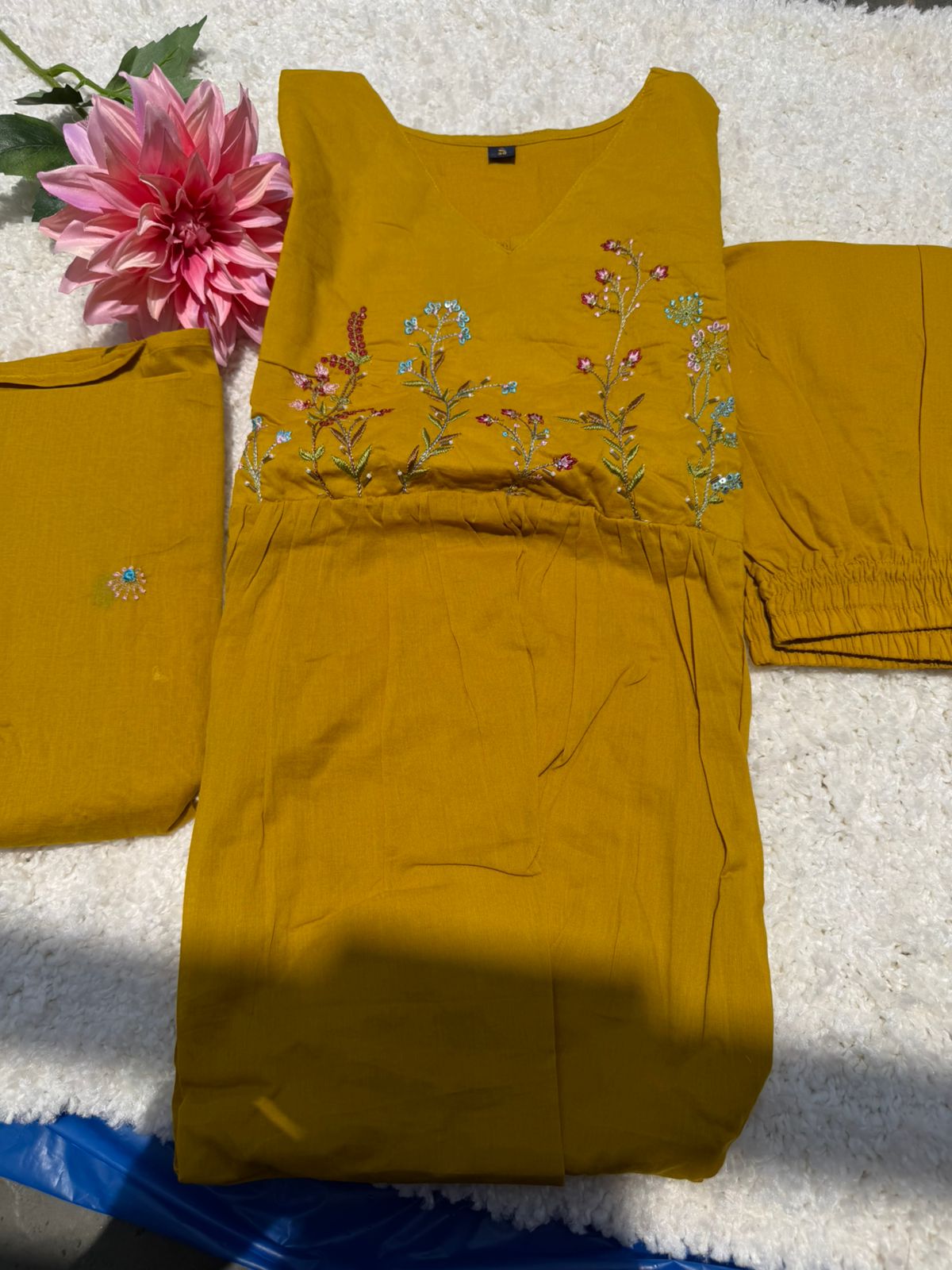 Cotton Kurti With Exquisite Multi-Color Floral Hand Embroidery On The Bodice and Sleeves