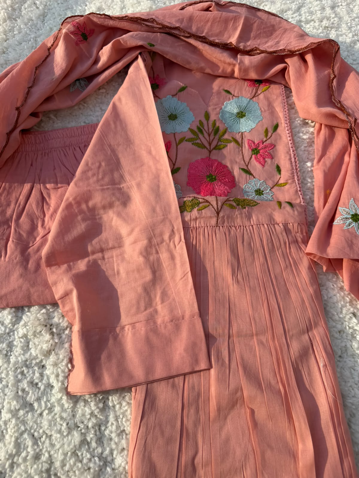Blush Pink Floral Embroidered Pure Cotton Kurta Set With Dupatta