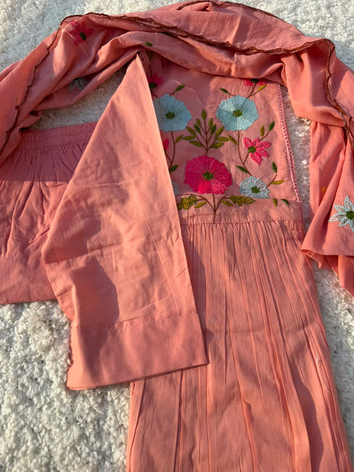 Blush Pink Floral Embroidered Pure Cotton Kurta Set With Dupatta