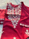 Elegant Ruby Red Cotton Blend Kurta Pant Dupatta Set