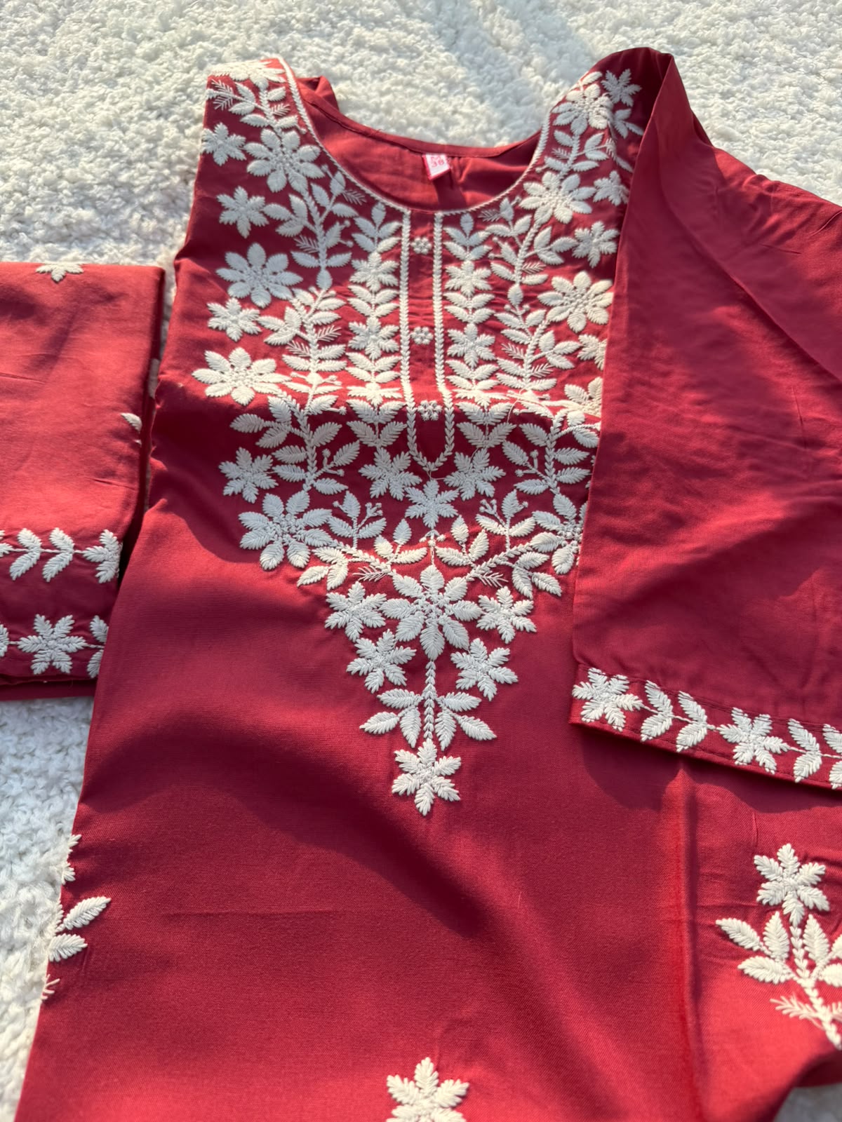 Elegant Ruby Red Cotton Blend Kurta Pant Dupatta Set