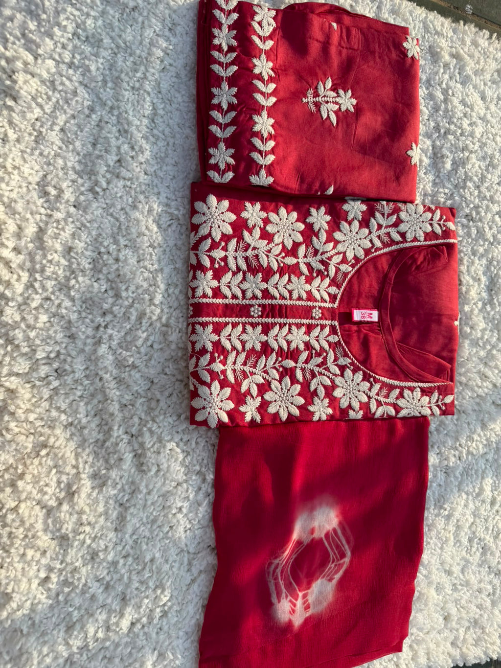 Elegant Ruby Red Cotton Blend Kurta Pant Dupatta Set