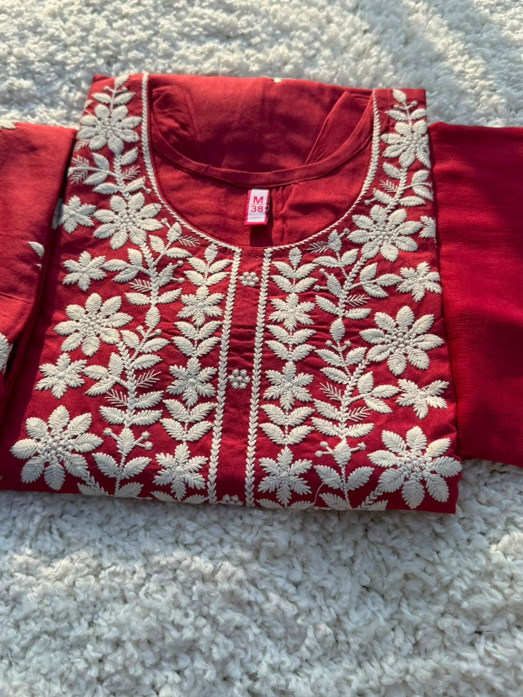 Elegant Ruby Red Cotton Blend Kurta Pant Dupatta Set