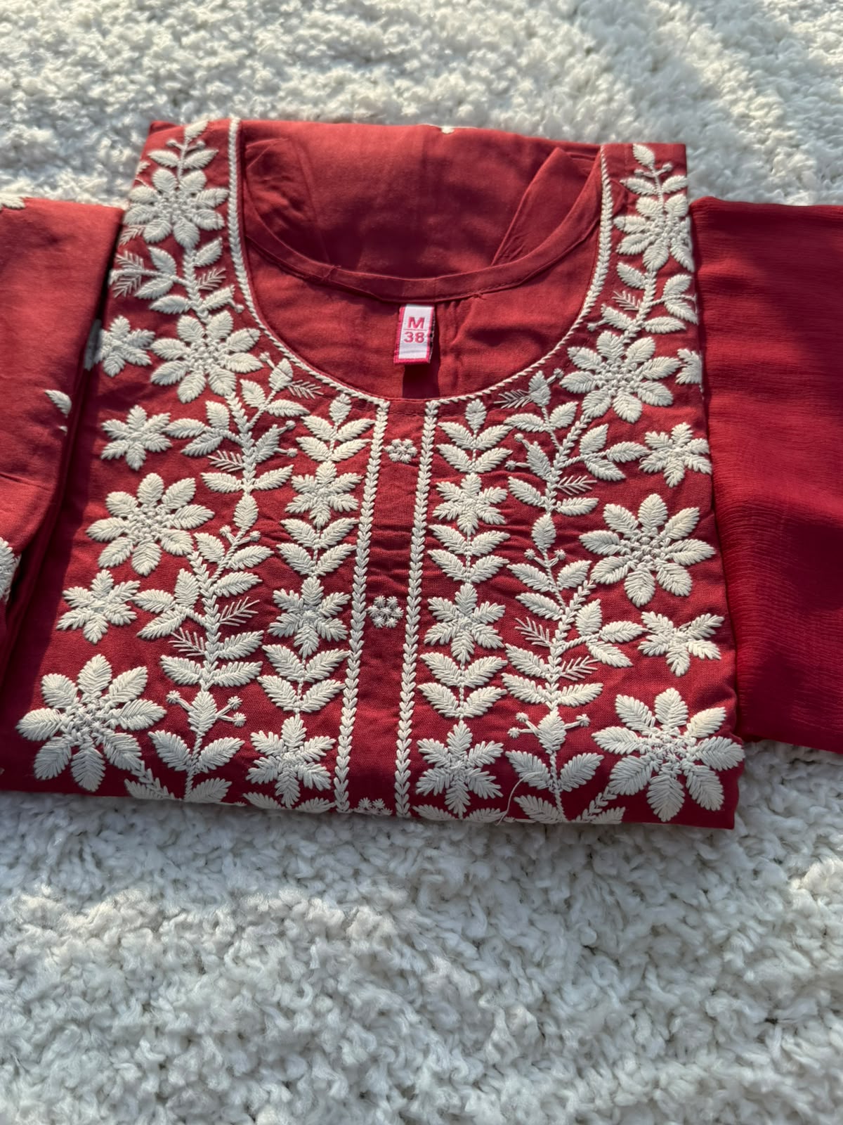 Elegant Ruby Red Cotton Blend Kurta Pant Dupatta Set