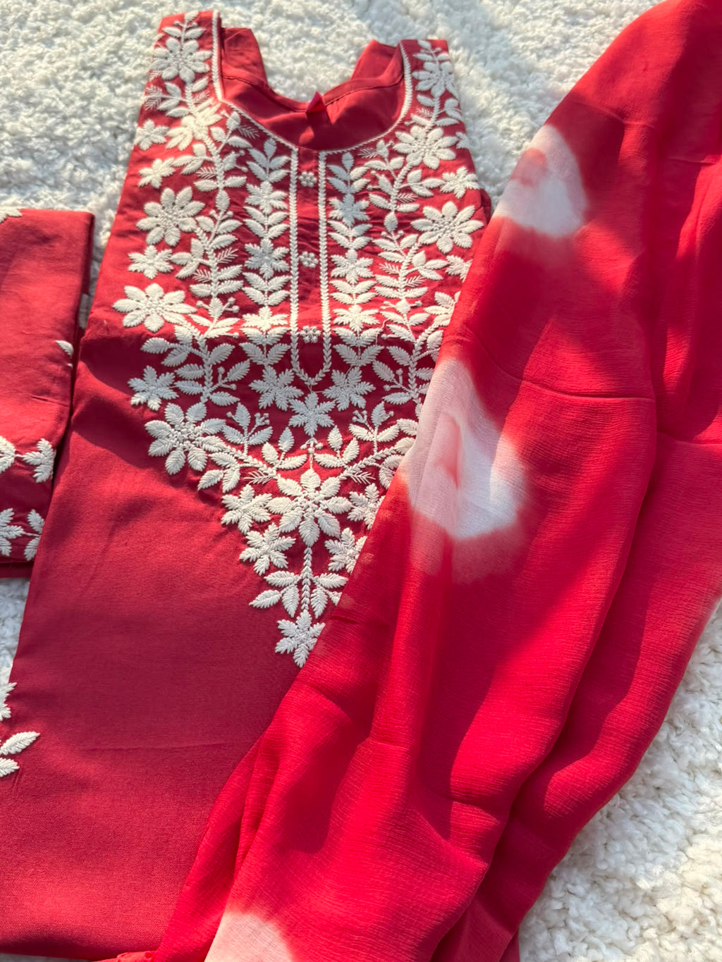 Elegant Ruby Red Cotton Blend Kurta Pant Dupatta Set