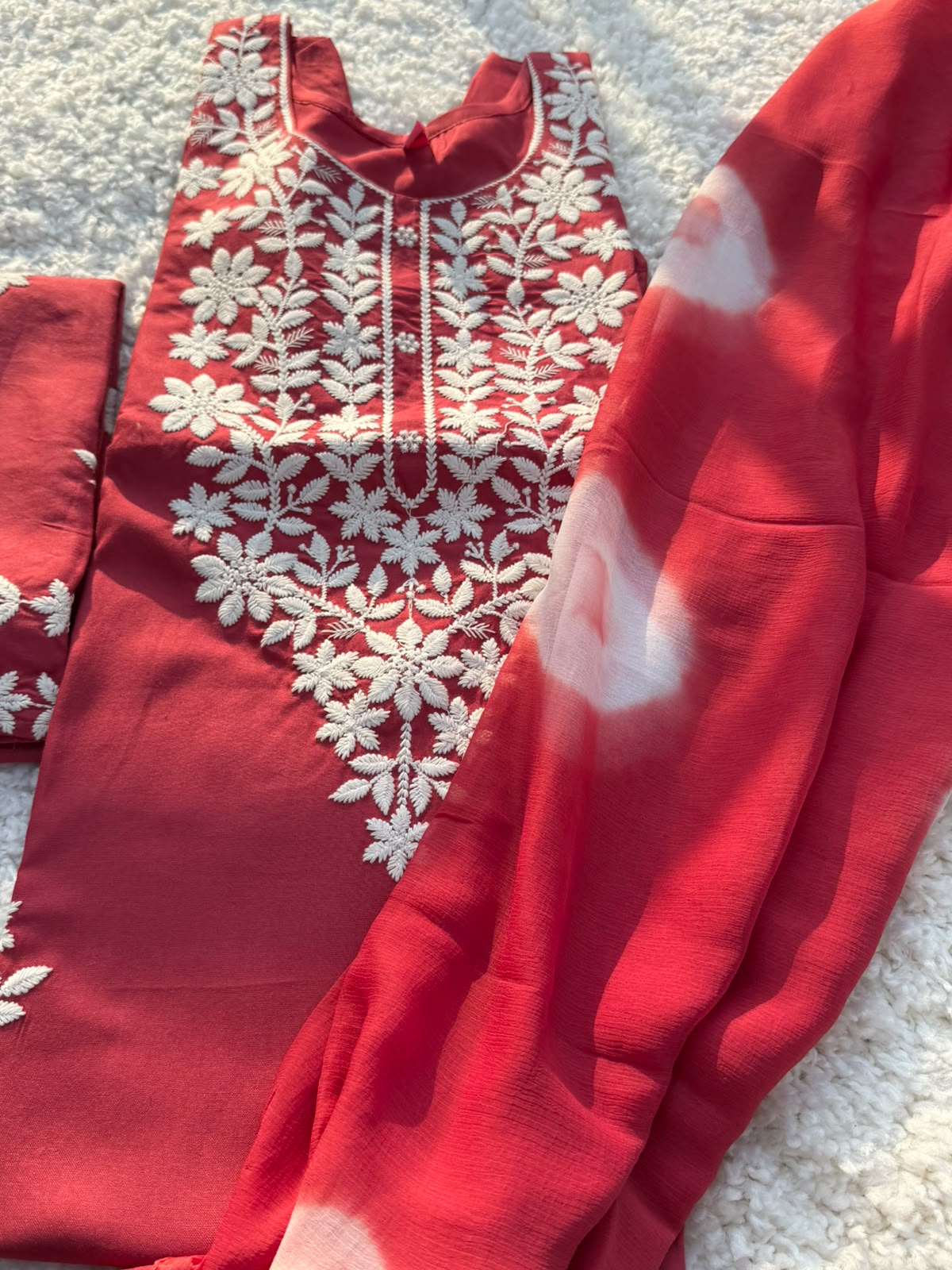 Elegant Ruby Red Cotton Blend Kurta Pant Dupatta Set