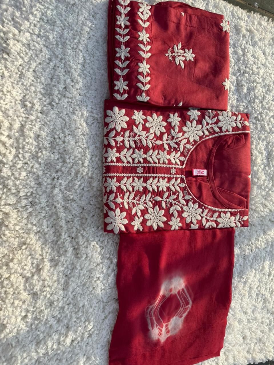 Elegant Ruby Red Cotton Blend Kurta Pant Dupatta Set
