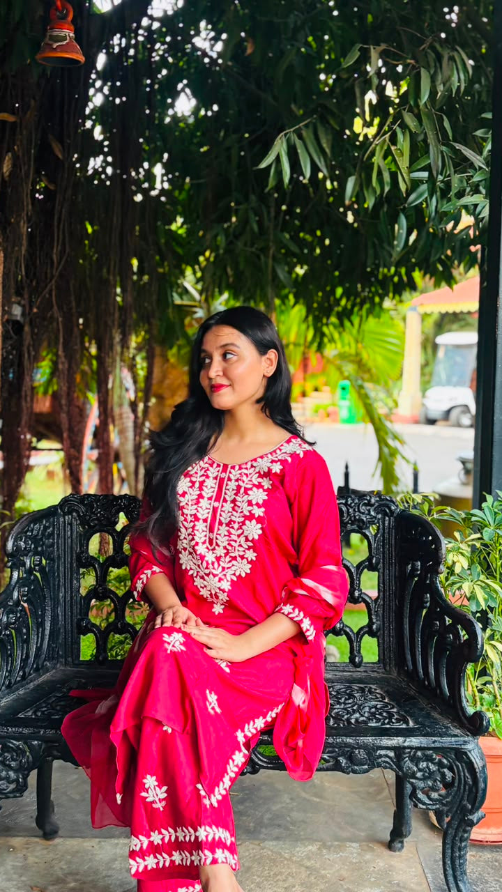 Elegant Ruby Red Cotton Blend Kurta Pant Dupatta Set