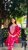Elegant Ruby Red Cotton Blend Kurta Pant Dupatta Set