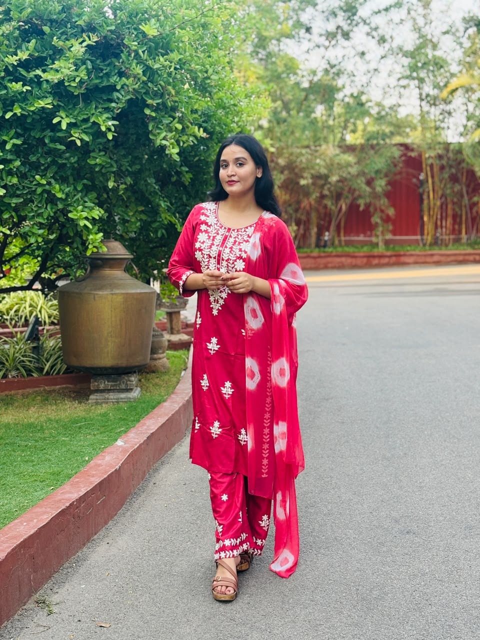 Elegant Ruby Red Cotton Blend Kurta Pant Dupatta Set
