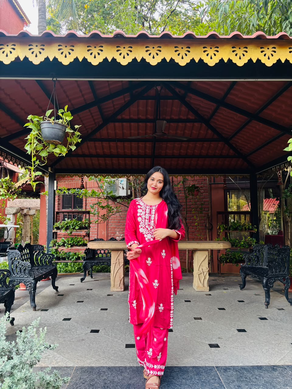 Elegant Ruby Red Cotton Blend Kurta Pant Dupatta Set