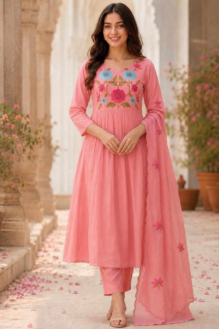 Blush Pink Floral Embroidered Pure Cotton Kurta Set With Dupatta