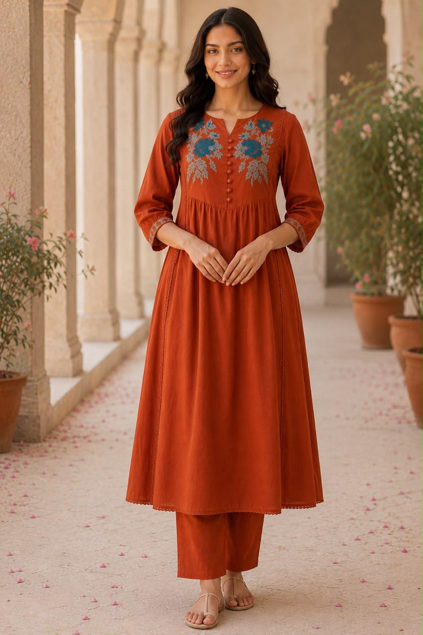 Elegant Rust Orange Gathered Kurta Set