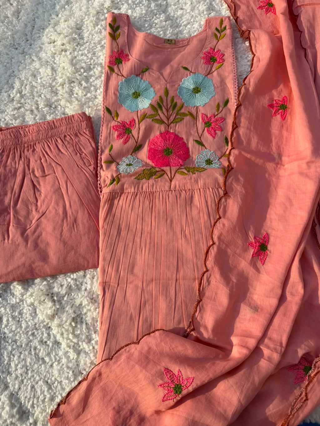 Blush Pink Floral Embroidered Pure Cotton Kurta Set With Dupatta