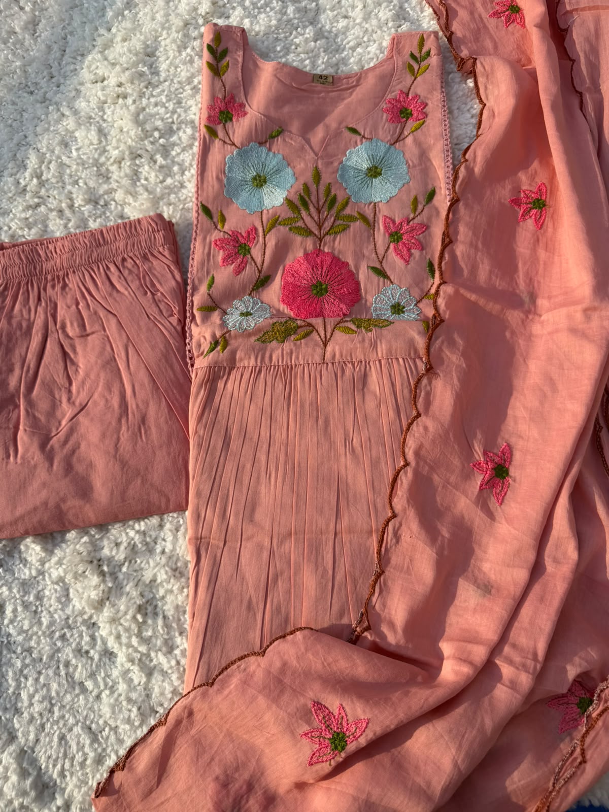 Blush Pink Floral Embroidered Pure Cotton Kurta Set With Dupatta