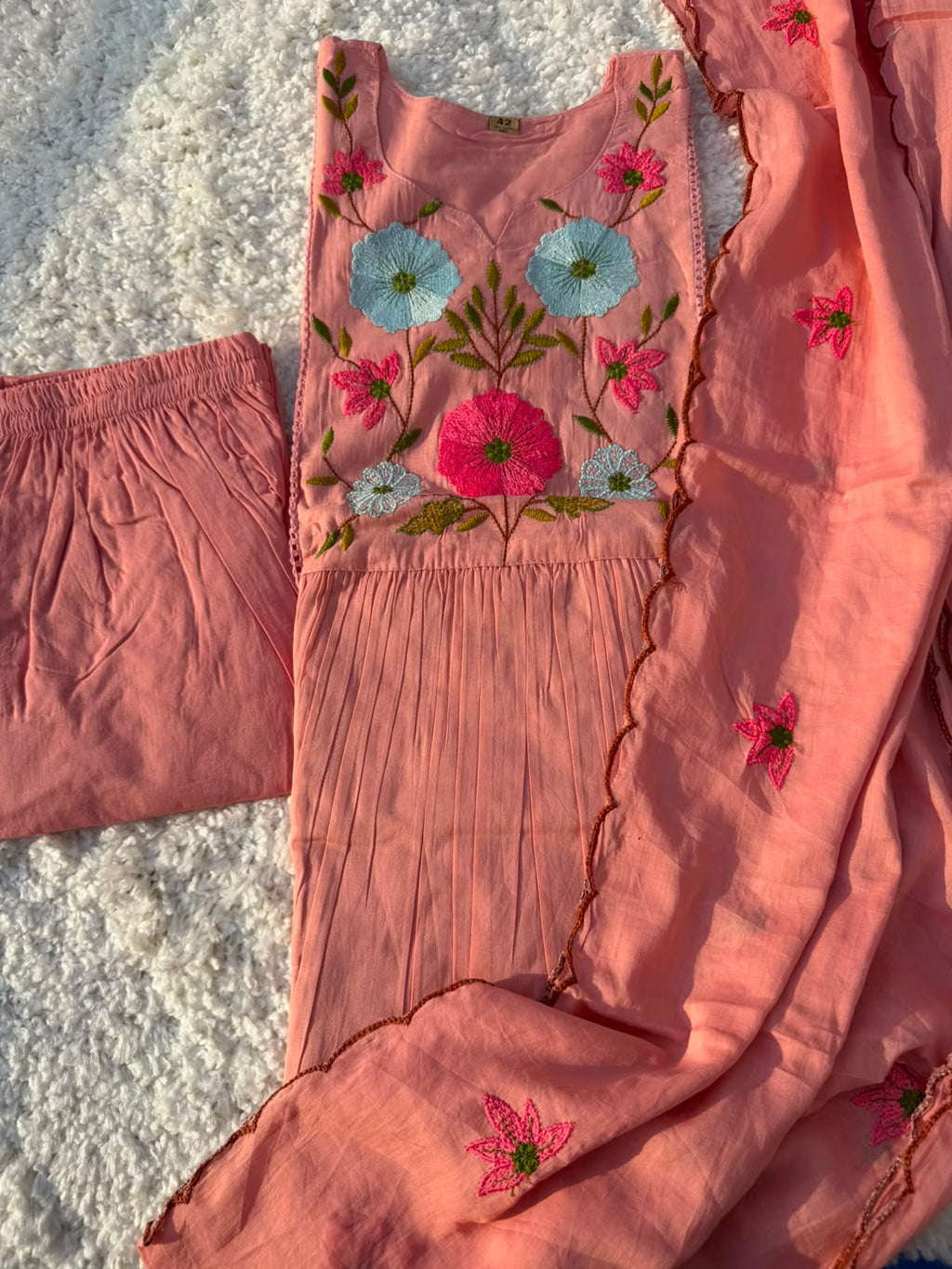 Blush Pink Floral Embroidered Pure Cotton Kurta Set With Dupatta