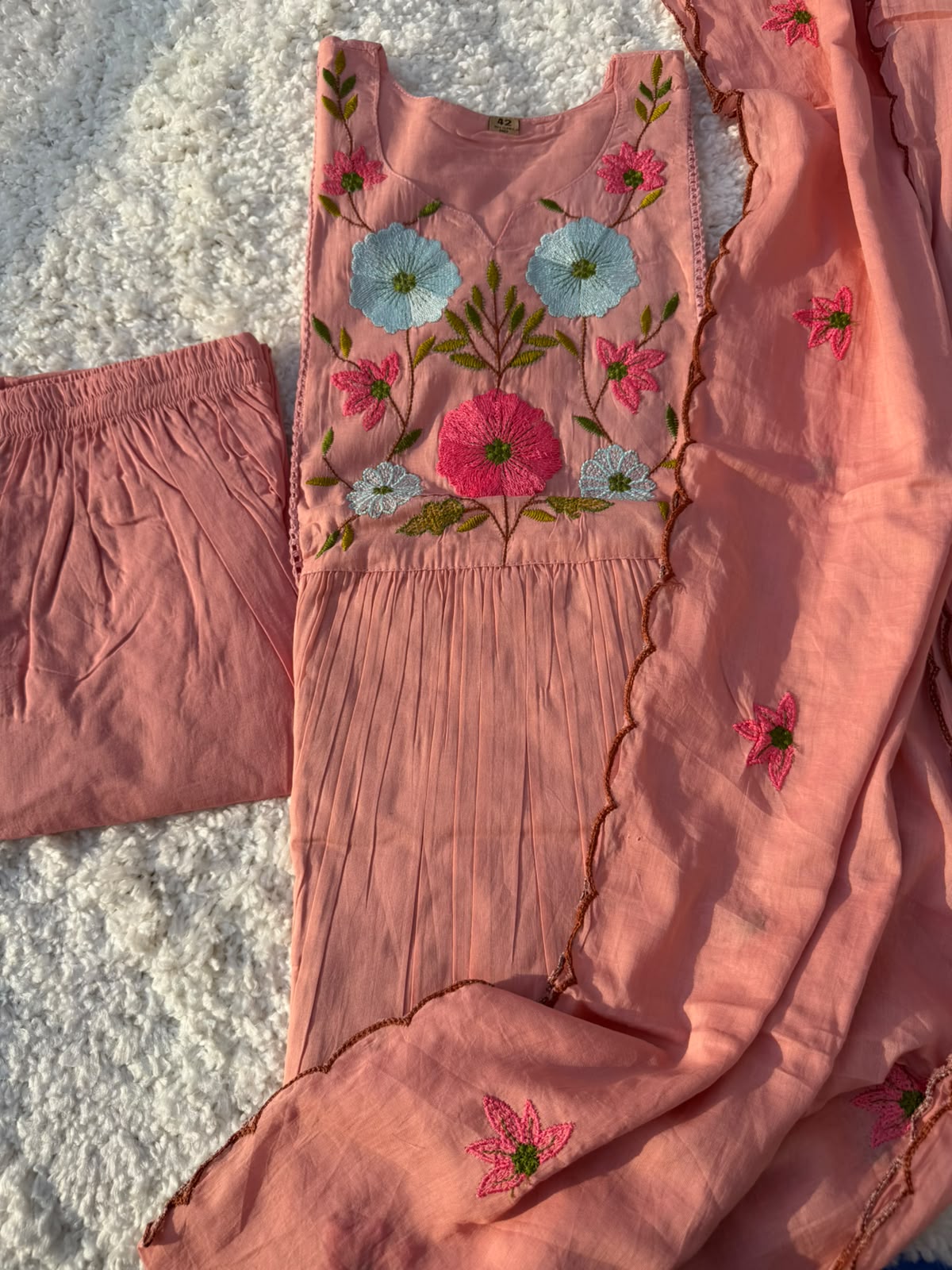 Blush Pink Floral Embroidered Pure Cotton Kurta Set With Dupatta